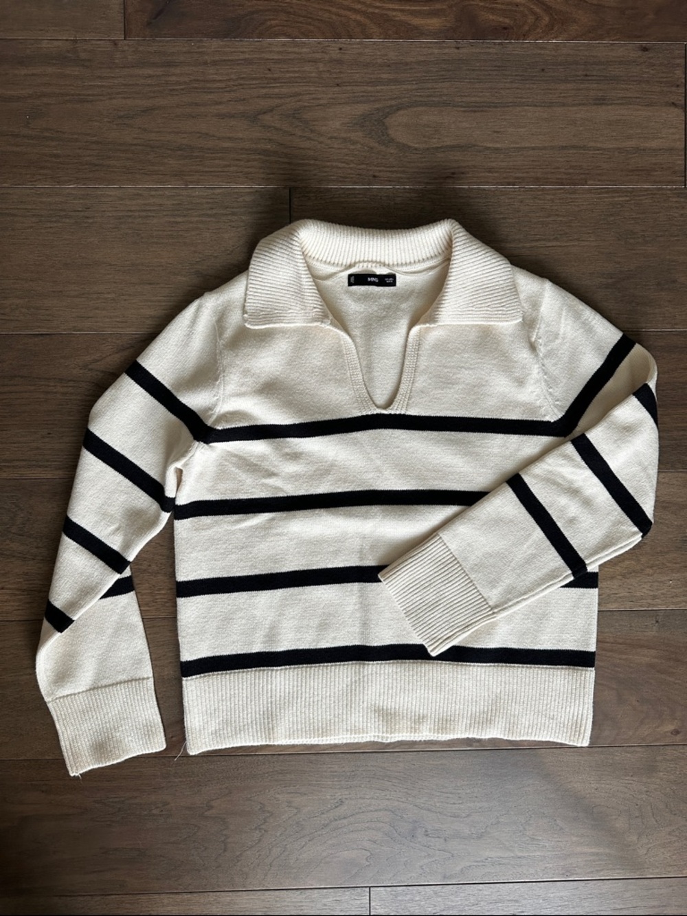 Mango Black and Cream Striped Polo Sweater, V-Neck Sweater